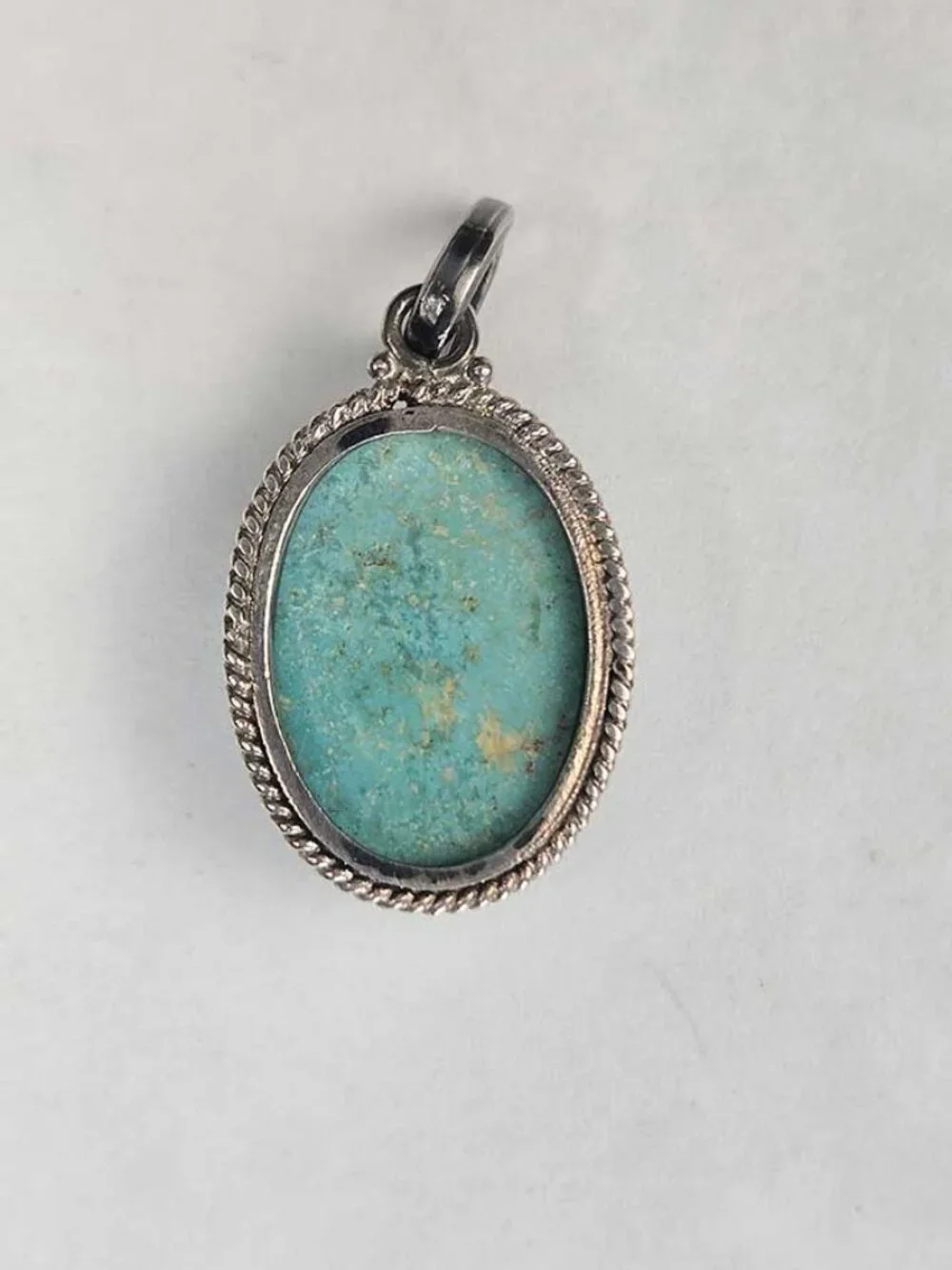 Vintage Sterling Silver Turquoise Oval Pendant 1.125” Southwest Rope Bezel